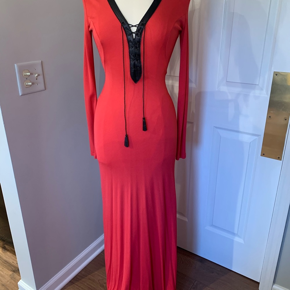 Versace long red dress with leather trim and lace